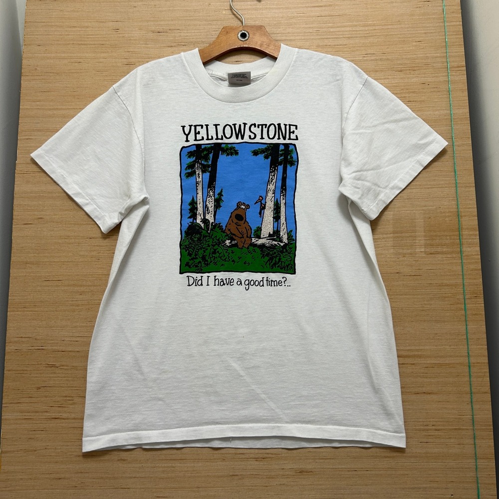 Vintage Yellowstone National Park Bear T-Shirt Oneita Power 50 White Large USA